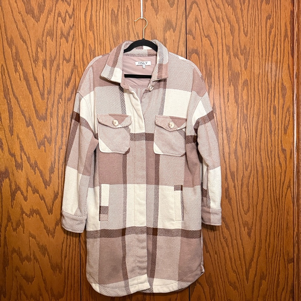 ONLY Plaid Shacket Women’s XL Overshirt Jacket Brown Neutral Button Front